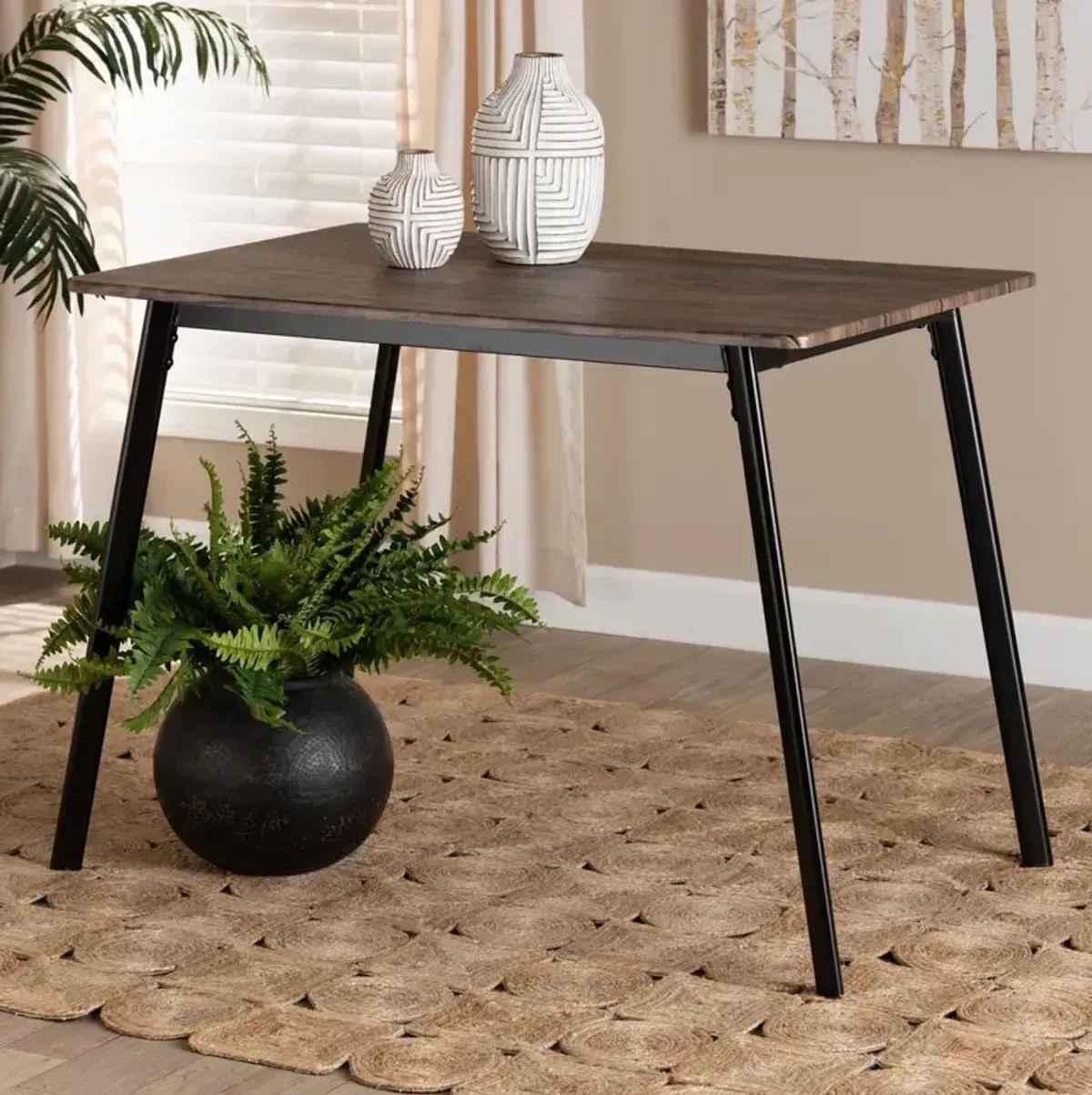 Walnut Brown Finished Wood and Black Metal Dining Table