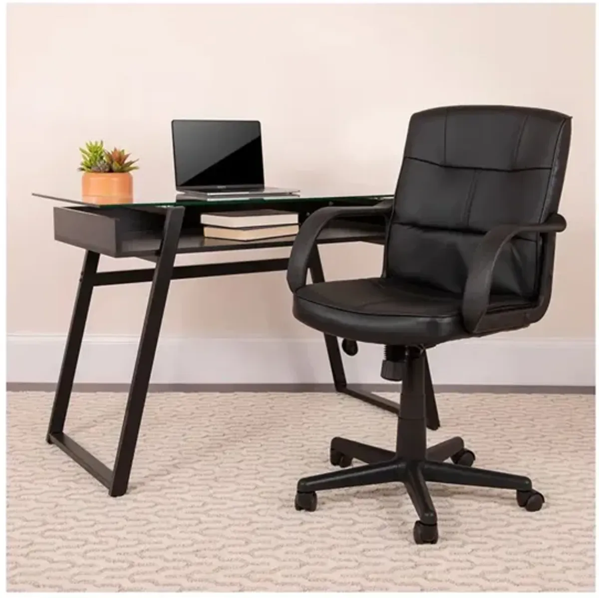 Hivvago Black Mid-Back Polyurethane & Leather Office Chair with Nylon Arms