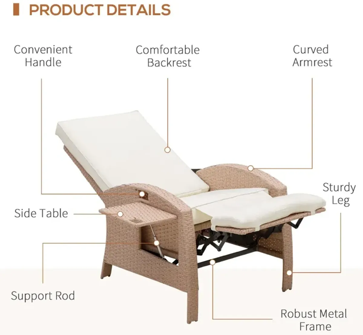 Luxe Outdoor Relaxation: Beige Rattan Recliner with Side Table and Footrest