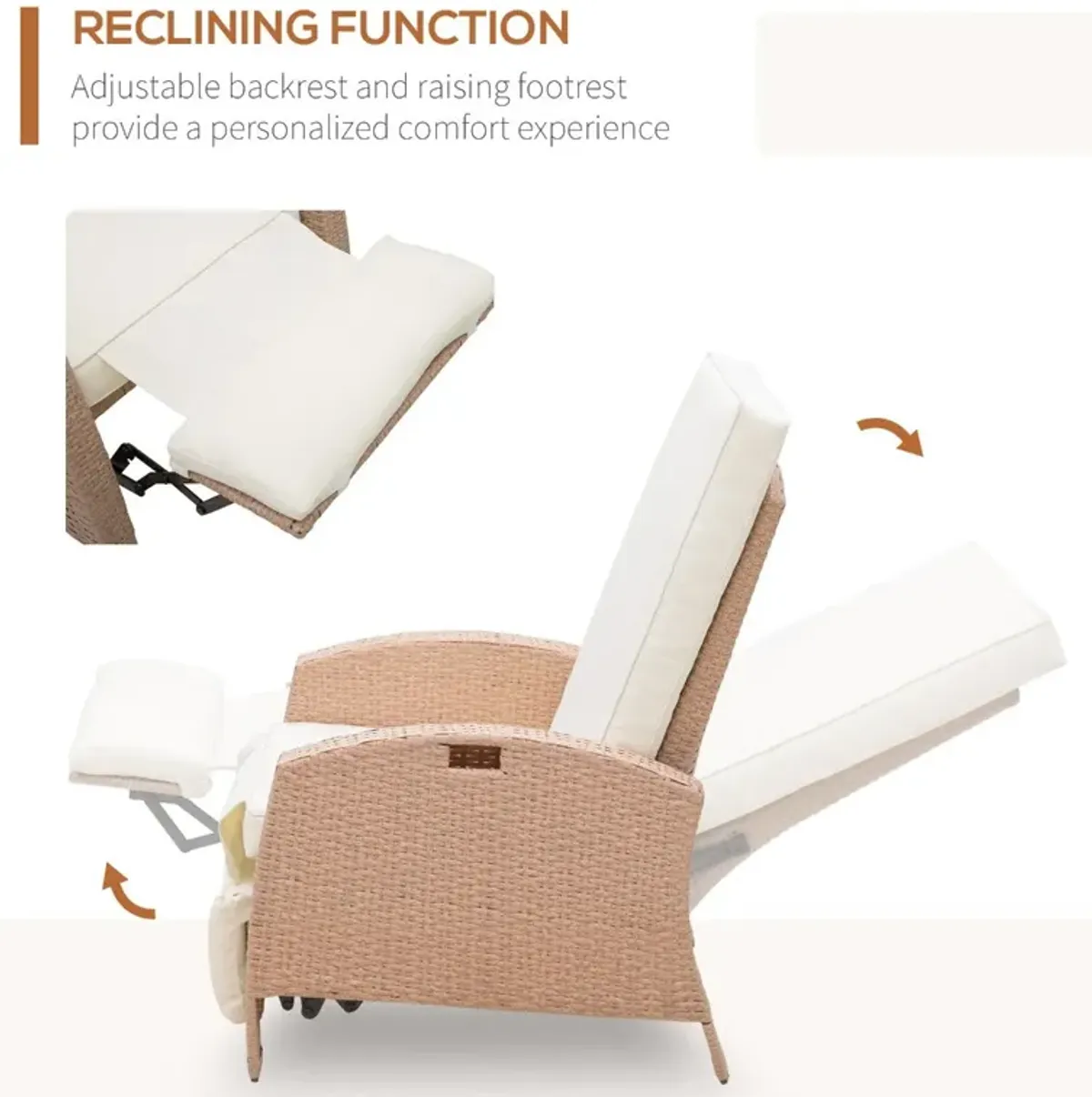 Luxe Outdoor Relaxation: Beige Rattan Recliner with Side Table and Footrest