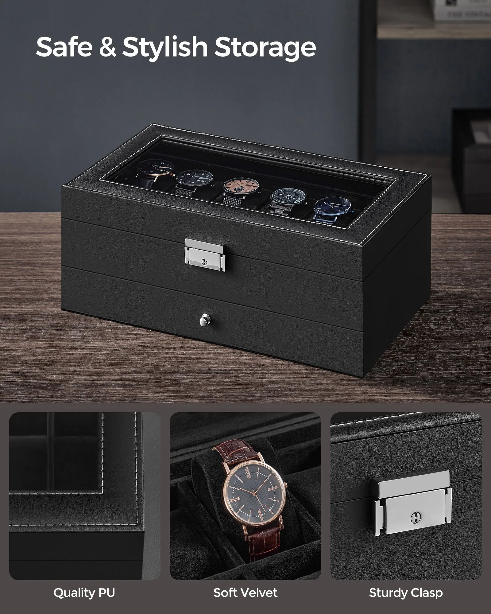 12-Slot Men's Watch Box Jewelry Organizer with Lock and Keys