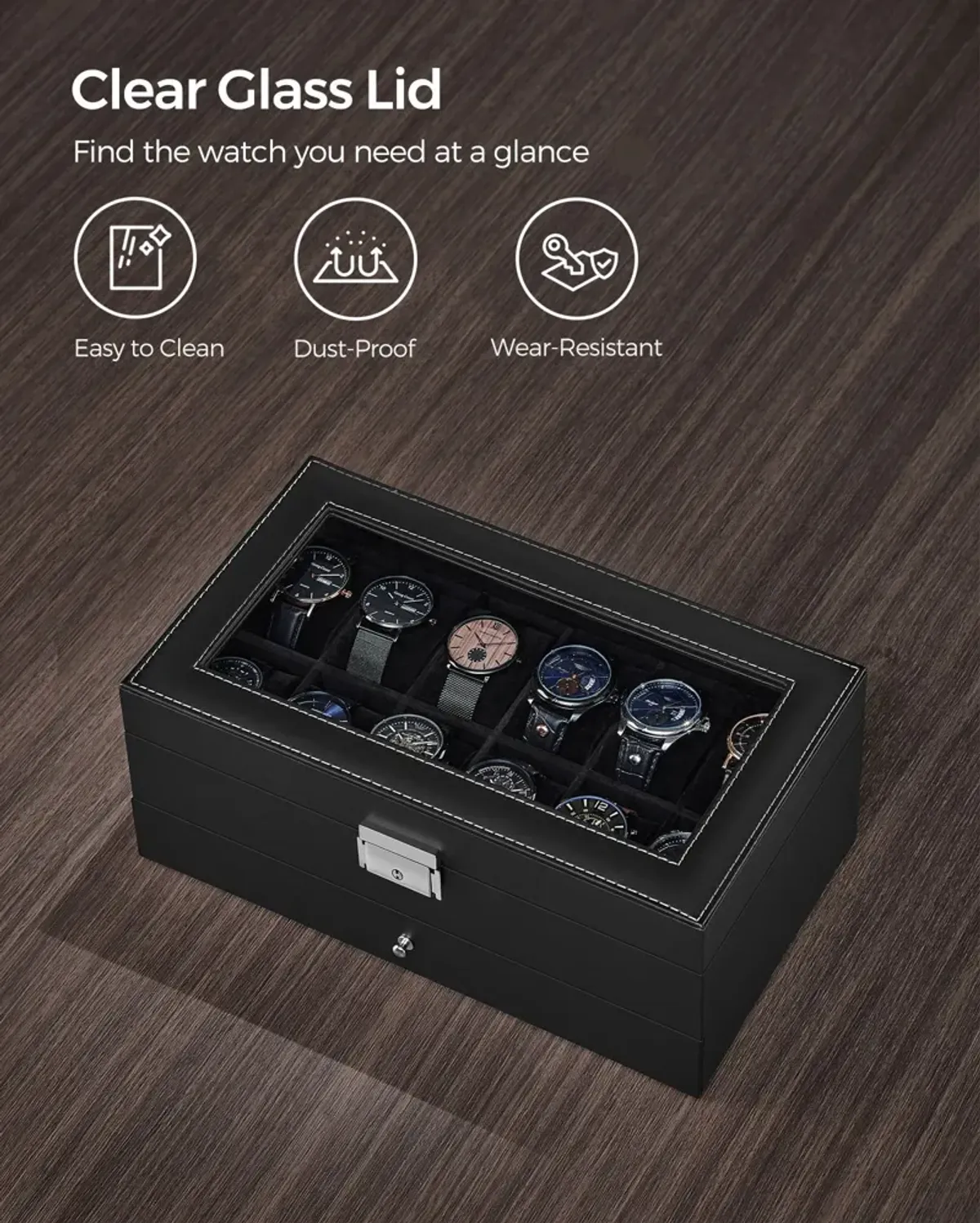 12-Slot Men's Watch Box Jewelry Organizer with Lock and Keys