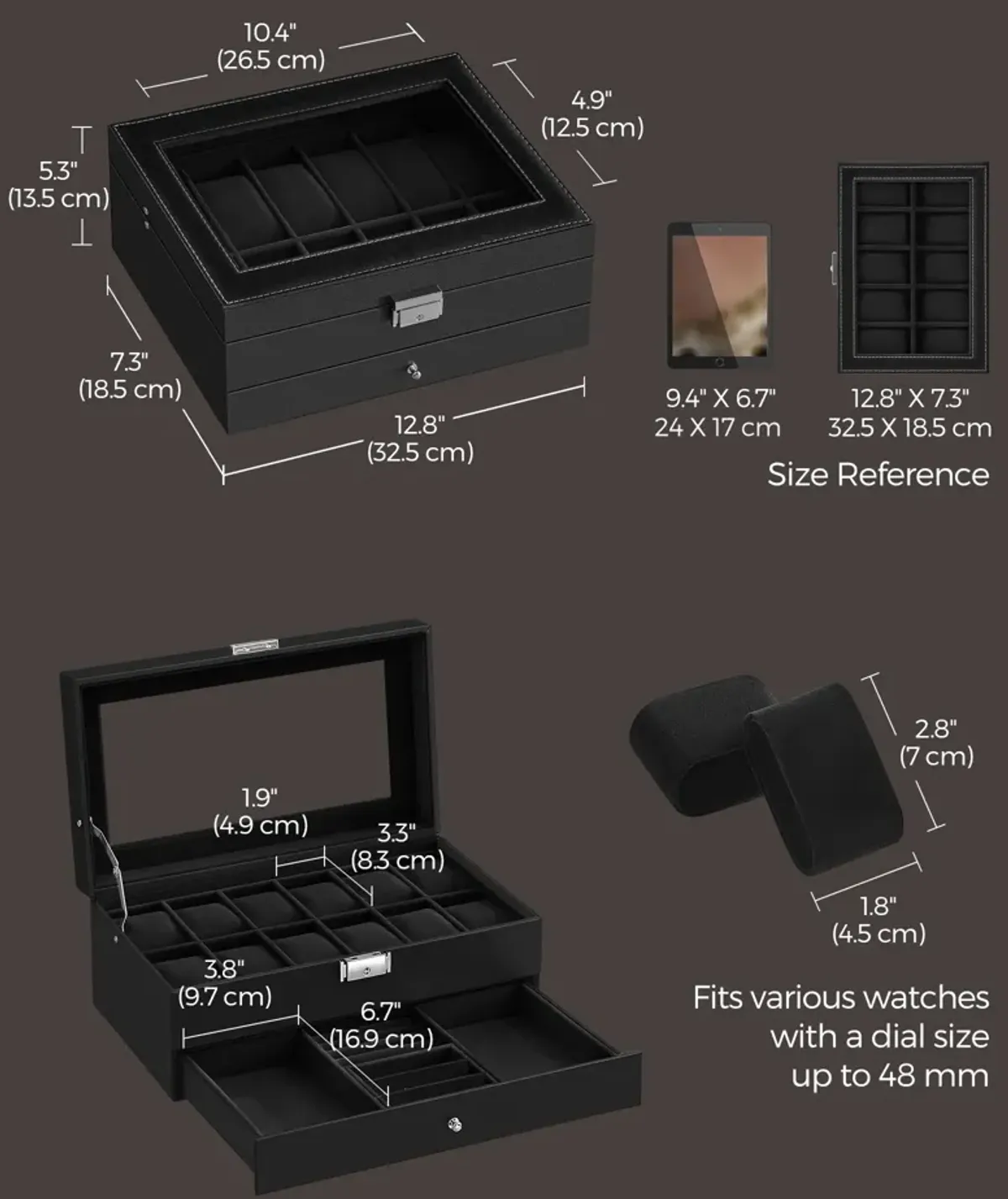 12-Slot Men's Watch Box Jewelry Organizer with Lock and Keys