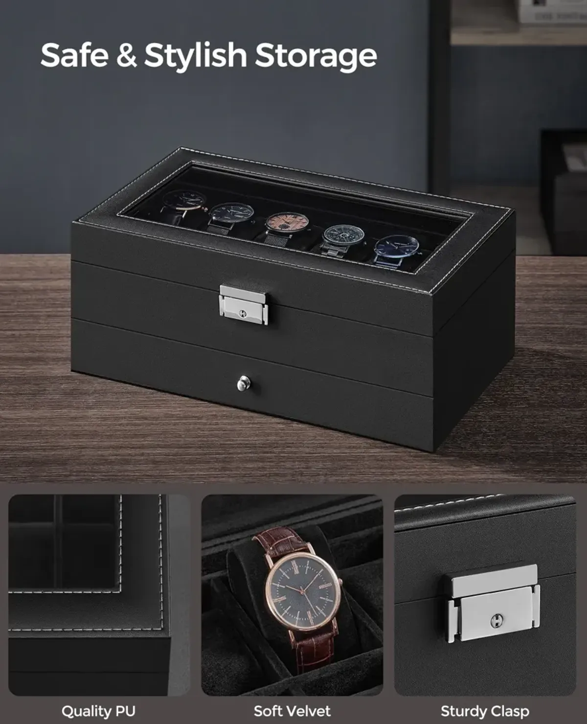 12-Slot Men's Watch Box Jewelry Organizer with Lock and Keys