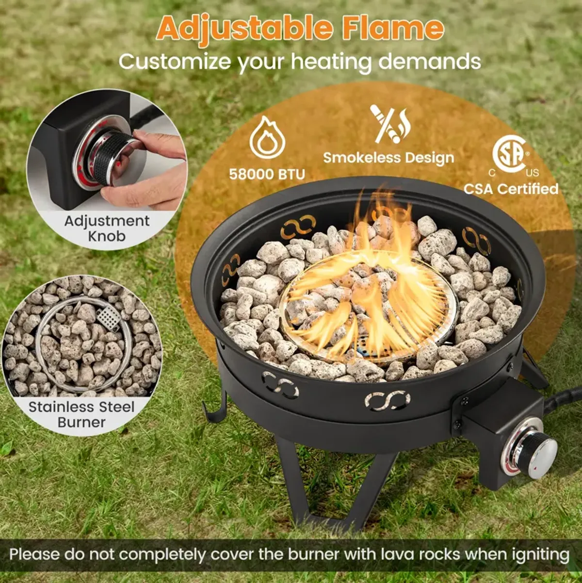 17-Inch Portable Gas Fire Pit with Folding Legs and Removable Grill for Camping