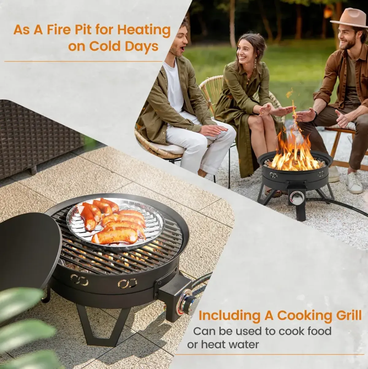 17-Inch Portable Gas Fire Pit with Folding Legs and Removable Grill for Camping