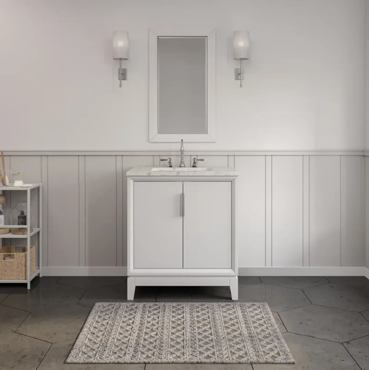 Elizabeth 30 In. Single Sink Carrara White Marble Countertop Bath Vanity In Pure White with Brushed Silver Hardware