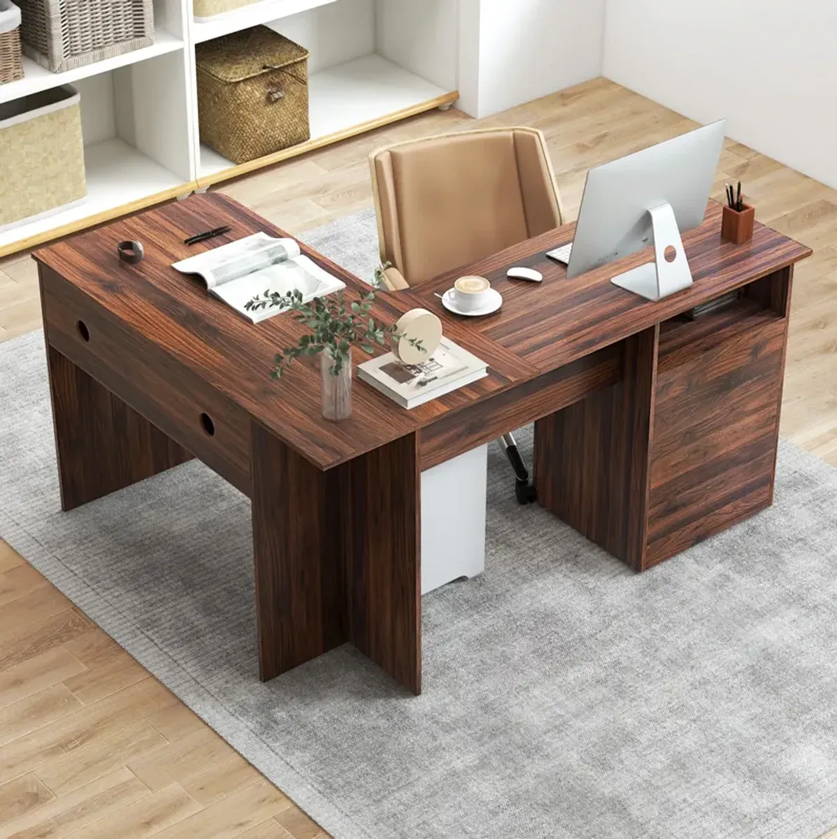 L-Shaped Computer Desk with Letter File Drawer for Home Office or Workspace Organization