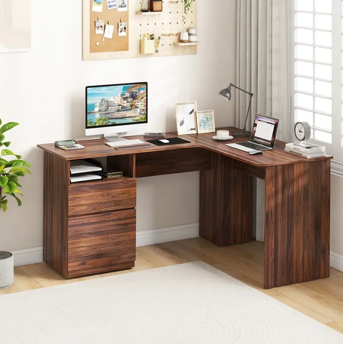 L-Shaped Computer Desk with Letter File Drawer for Home Office or Workspace Organization