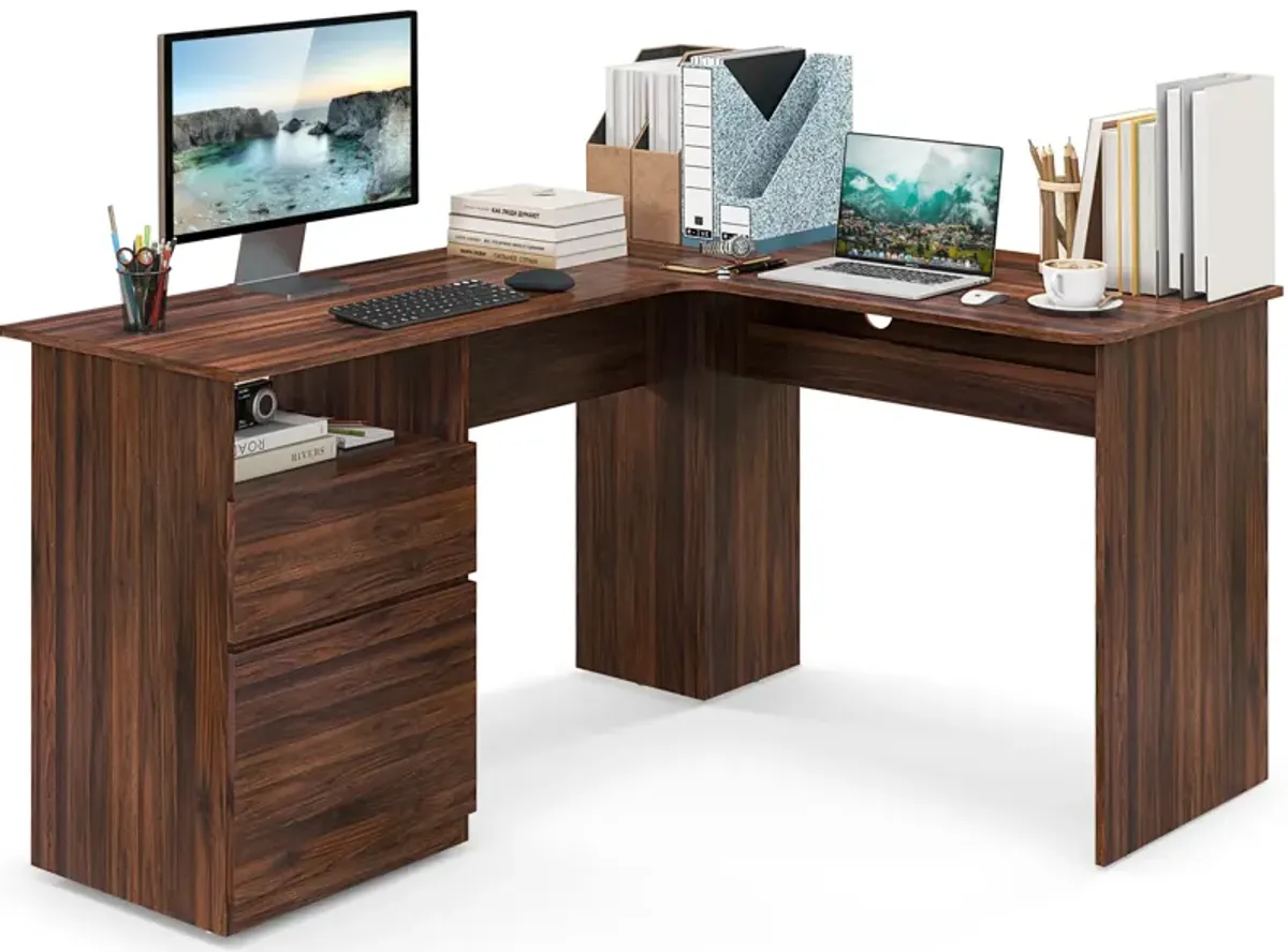 L-Shaped Computer Desk with Letter File Drawer for Home Office or Workspace Organization