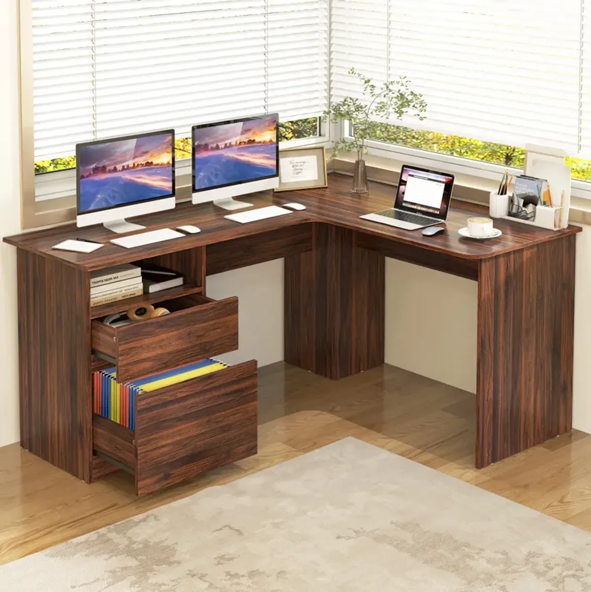 L-Shaped Computer Desk with Letter File Drawer for Home Office or Workspace Organization