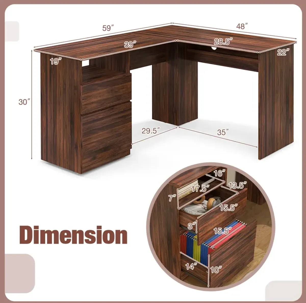 L-Shaped Computer Desk with Letter File Drawer for Home Office or Workspace Organization