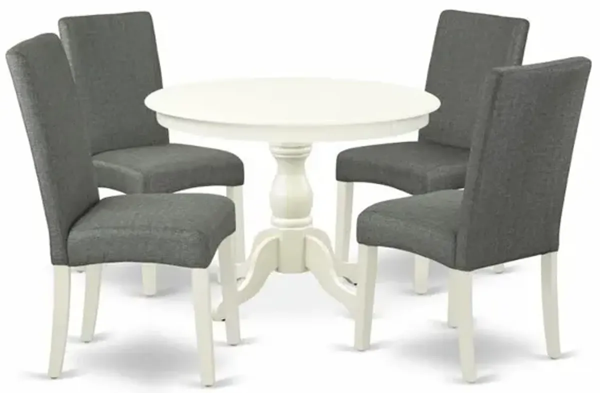 East West Furniture HBDR5-LWH-07 5 Piece Table and Chairs Dining Set - Linen White Small Kitchen Table and 4 Grey Linen Fabric Mid Century Modern Chairs with High Back - Linen White Finish