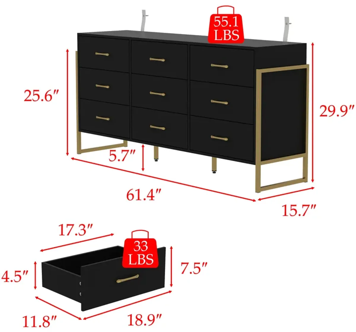 Black Wood 9 Big Drawers 61.4 in. W Dresser With Metal Frame Legs