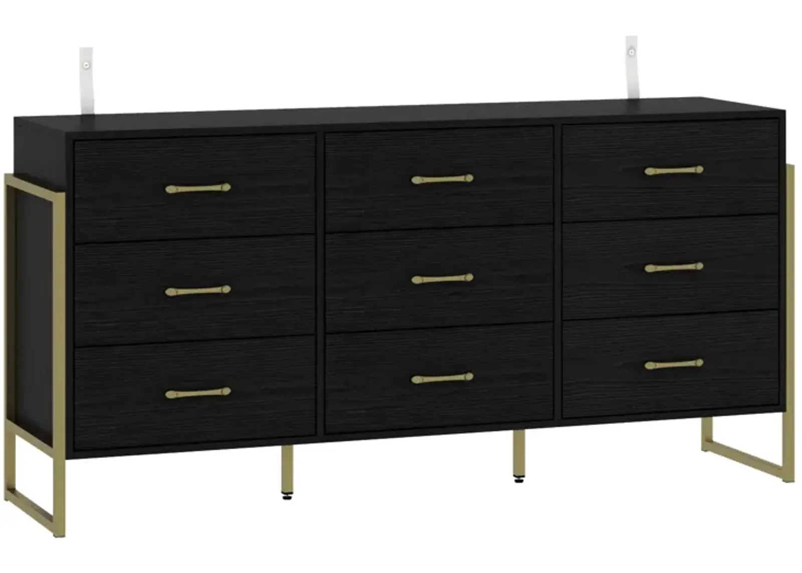 Black Wood 9 Big Drawers 61.4 in. W Dresser With Metal Frame Legs