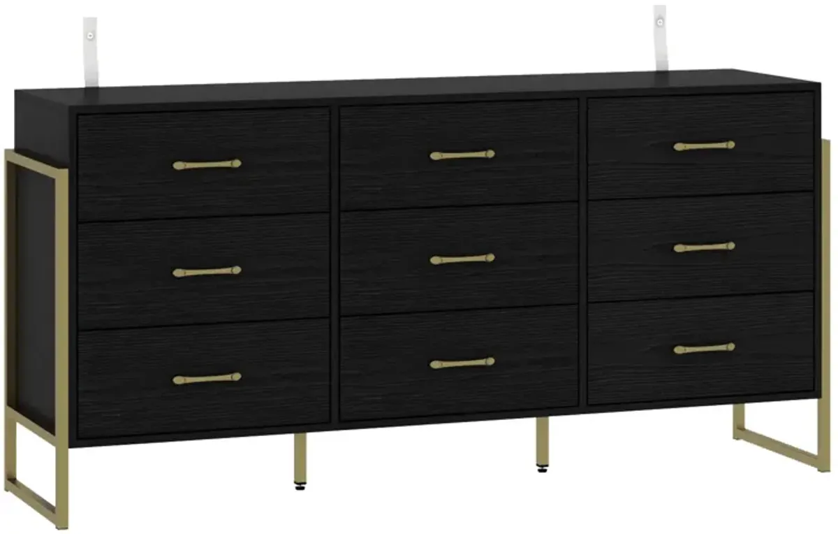 Black Wood 9 Big Drawers 61.4 in. W Dresser With Metal Frame Legs