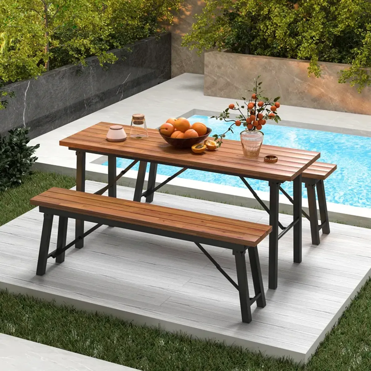 Outdoor Dining Table and Bench Set with Acacia Wood Top