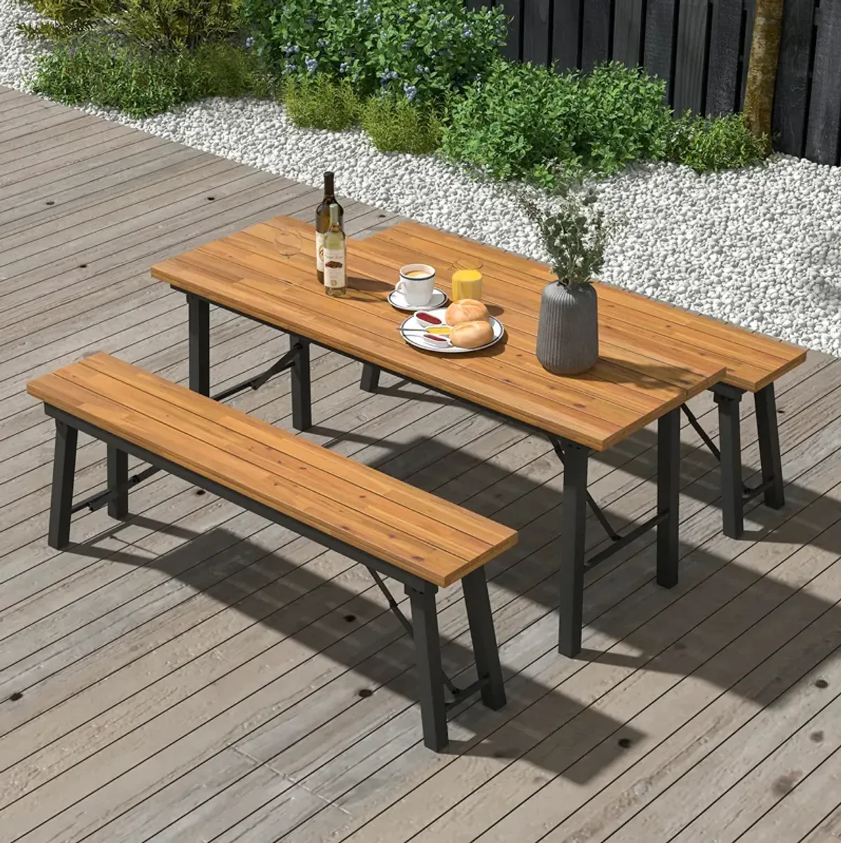 Outdoor Dining Table and Bench Set with Acacia Wood Top