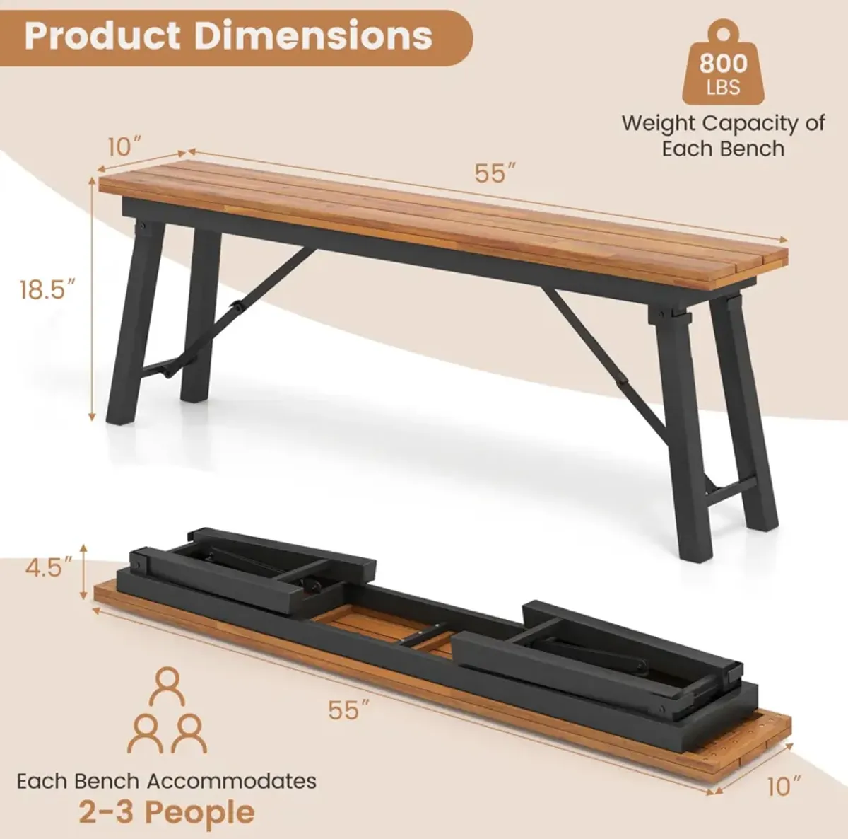 Outdoor Dining Table and Bench Set with Acacia Wood Top