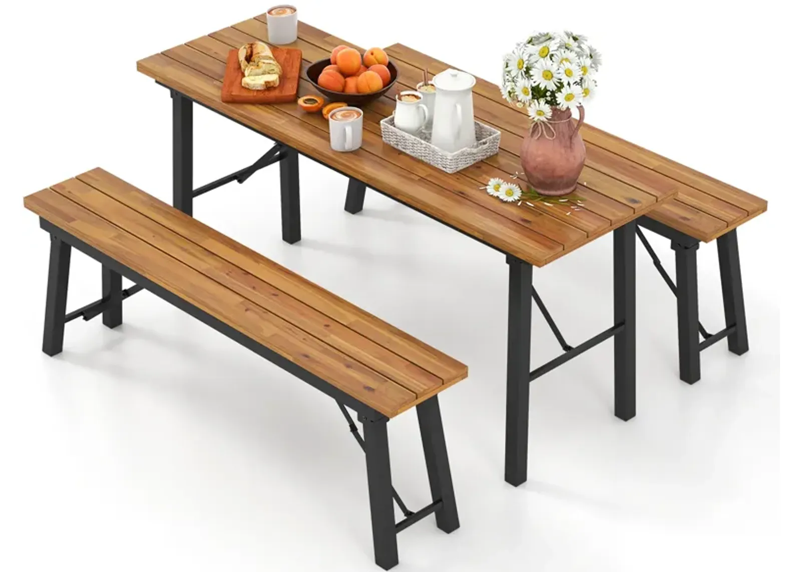 Outdoor Dining Table and Bench Set with Acacia Wood Top