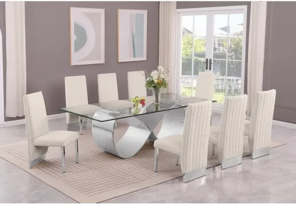 Best Quality Furniture 9Pc Tempered Glass Dining Set 8 Cream Boucle Side Chairs And Silver Base