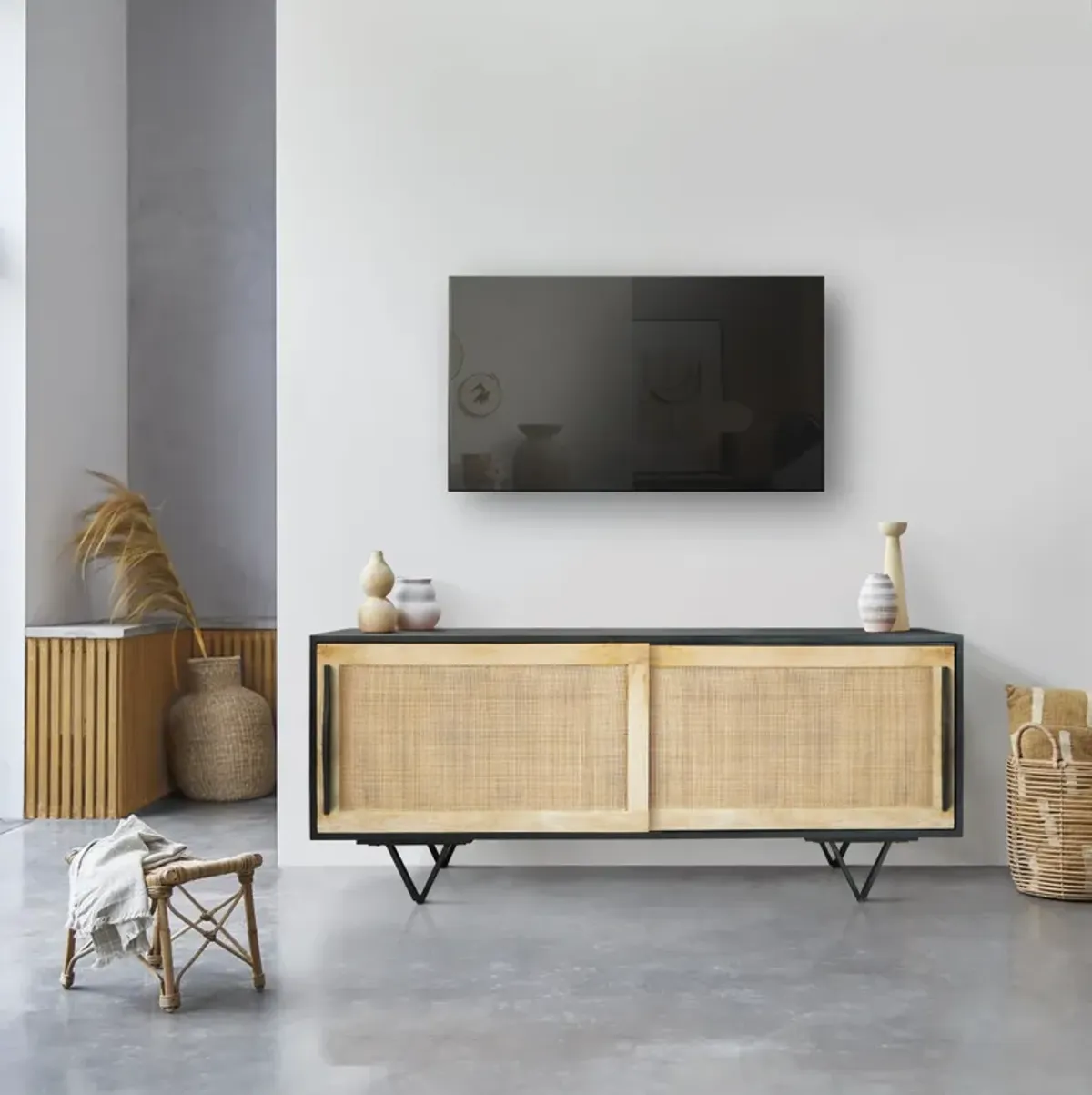 Handcrafted 60-Inch TV Media Console with Rattan Sliding Doors - Natural Brown And Matte Black Finish - Benzara