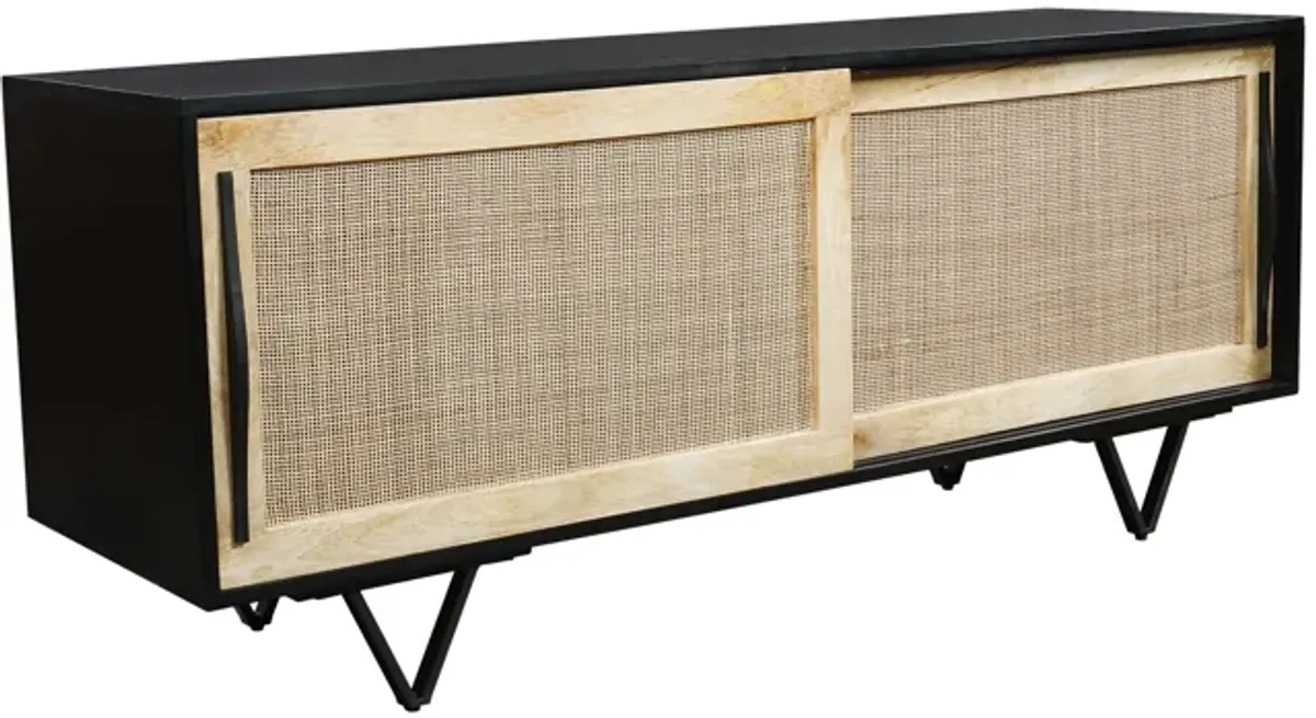 Handcrafted 60-Inch TV Media Console with Rattan Sliding Doors - Natural Brown And Matte Black Finish - Benzara