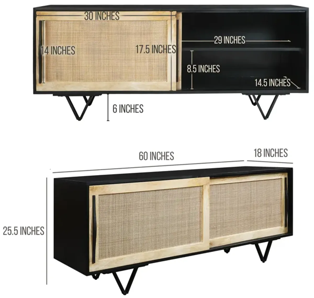 Handcrafted 60-Inch TV Media Console with Rattan Sliding Doors - Natural Brown And Matte Black Finish - Benzara