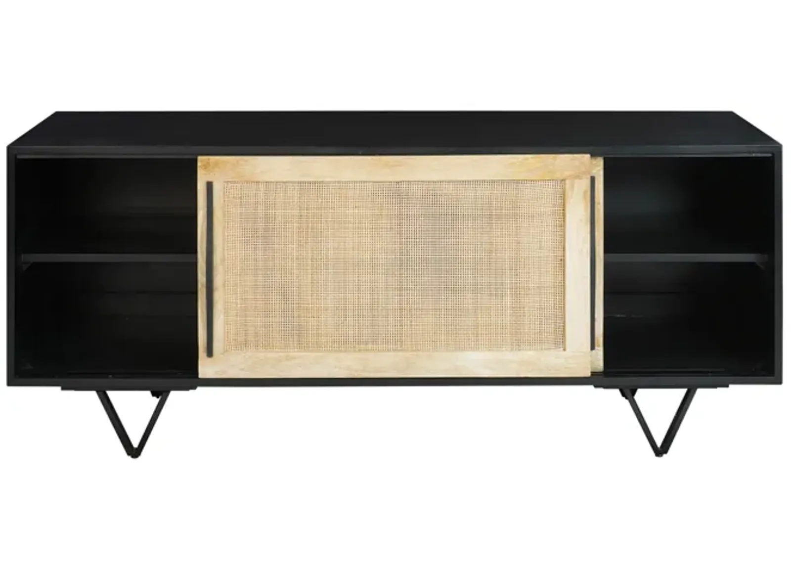 Handcrafted 60-Inch TV Media Console with Rattan Sliding Doors - Natural Brown And Matte Black Finish - Benzara