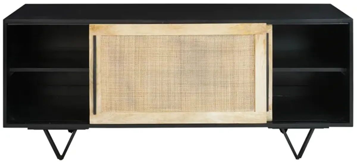 Handcrafted 60-Inch TV Media Console with Rattan Sliding Doors - Natural Brown And Matte Black Finish - Benzara