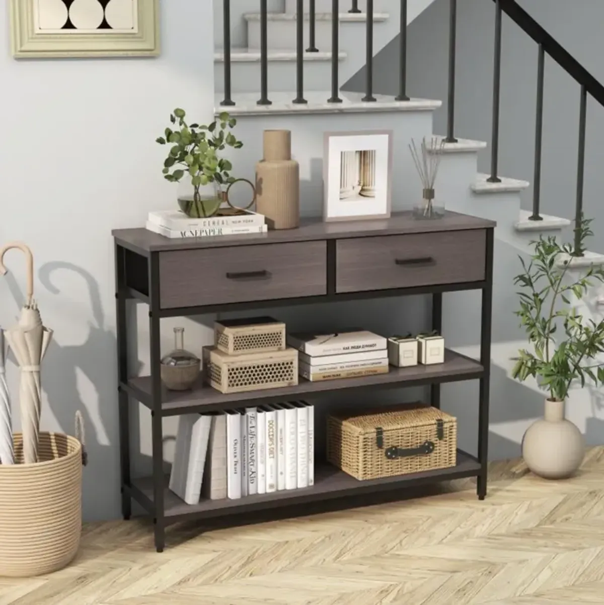 Hivvago Console Table with Folding Fabric Drawers for Entryway