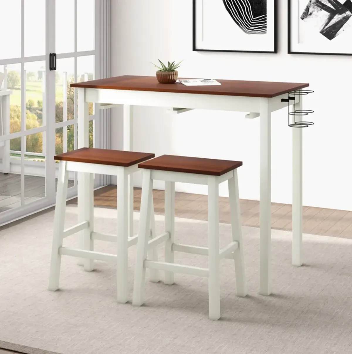 3-Piece Bar Table Set with 2 Wine Holders and Wooden Legs-White