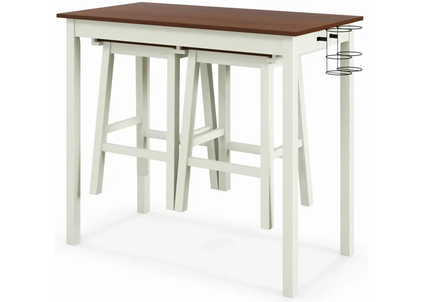 3-Piece Bar Table Set with 2 Wine Holders and Wooden Legs-White