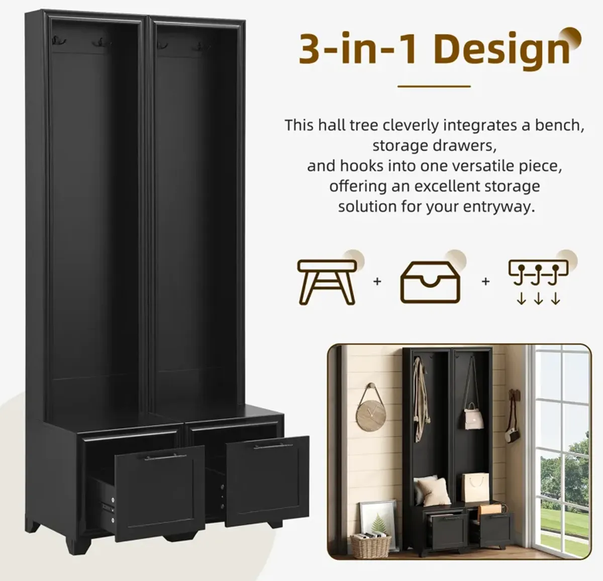 Merax Free Standing Hall Tree Seating Bench with Storage Drawers
