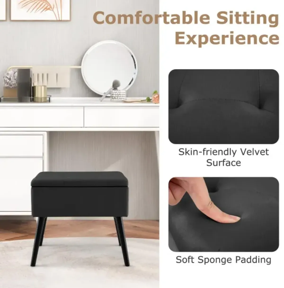 Hivvago Velvet Storage Ottoman with Solid Wood Legs for Living Room Bedroom