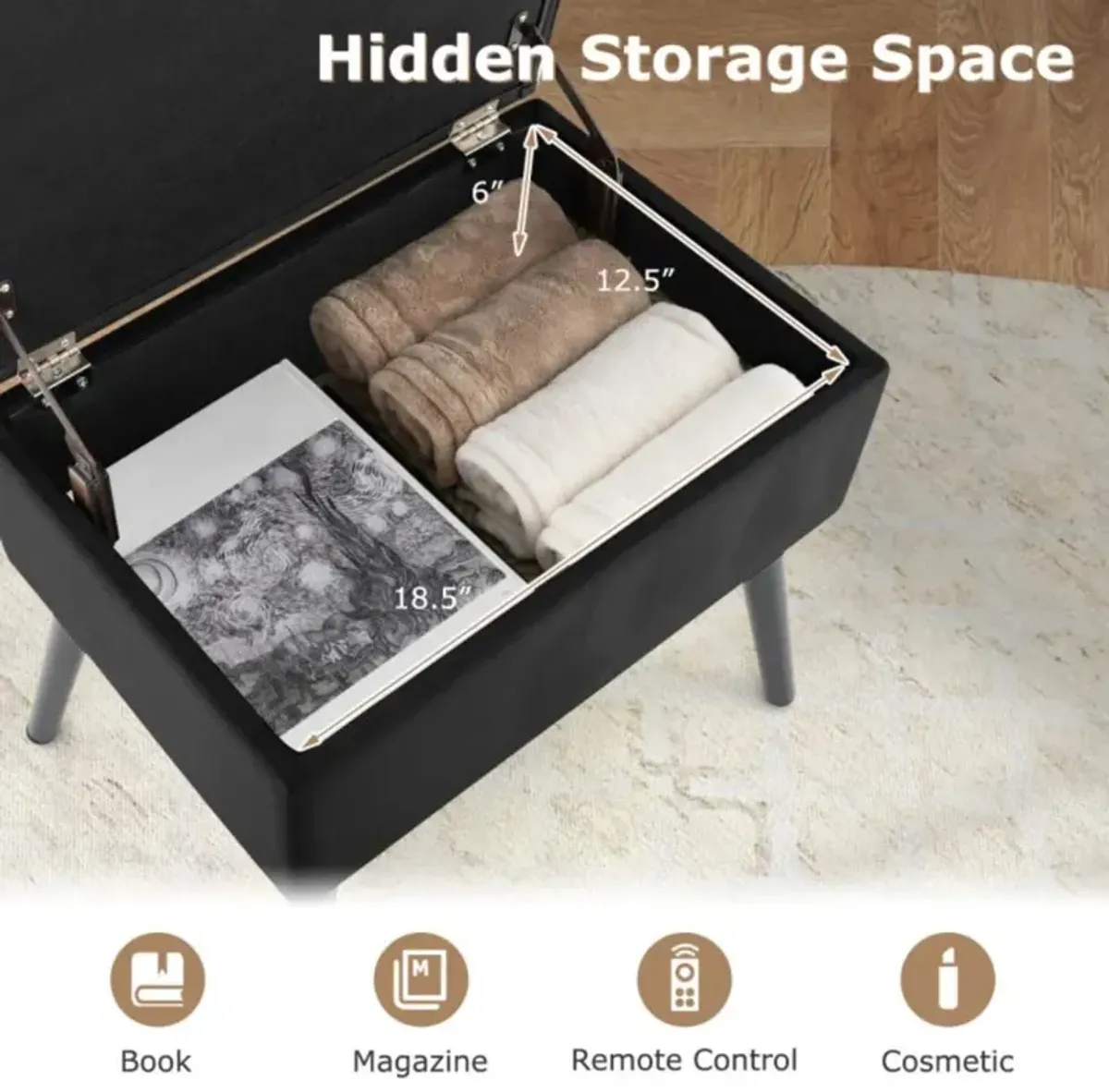 Hivvago Velvet Storage Ottoman with Solid Wood Legs for Living Room Bedroom