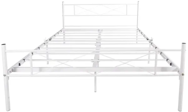 Queen Size Metal Bed Frame Mattress Foundation with Vintage Headboard and Footboard Easy Assembly No Spring Needed, White