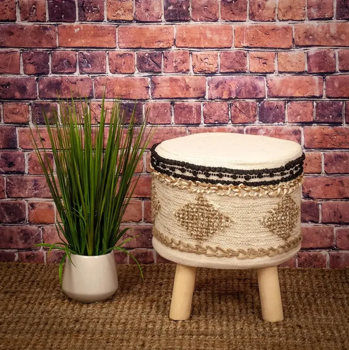 Hivvago 16" Beige Jute And Wood Brown Round Abstract Ottoman