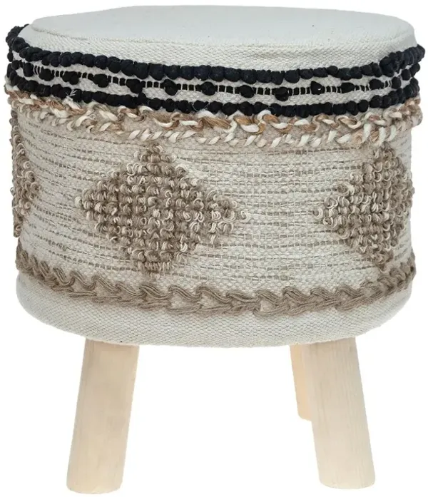 Hivvago 16" Beige Jute And Wood Brown Round Abstract Ottoman