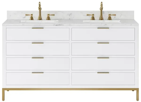 Bristol 60 In. Double Sink Carrara White Marble Countertop Bath Vanity in Pure White