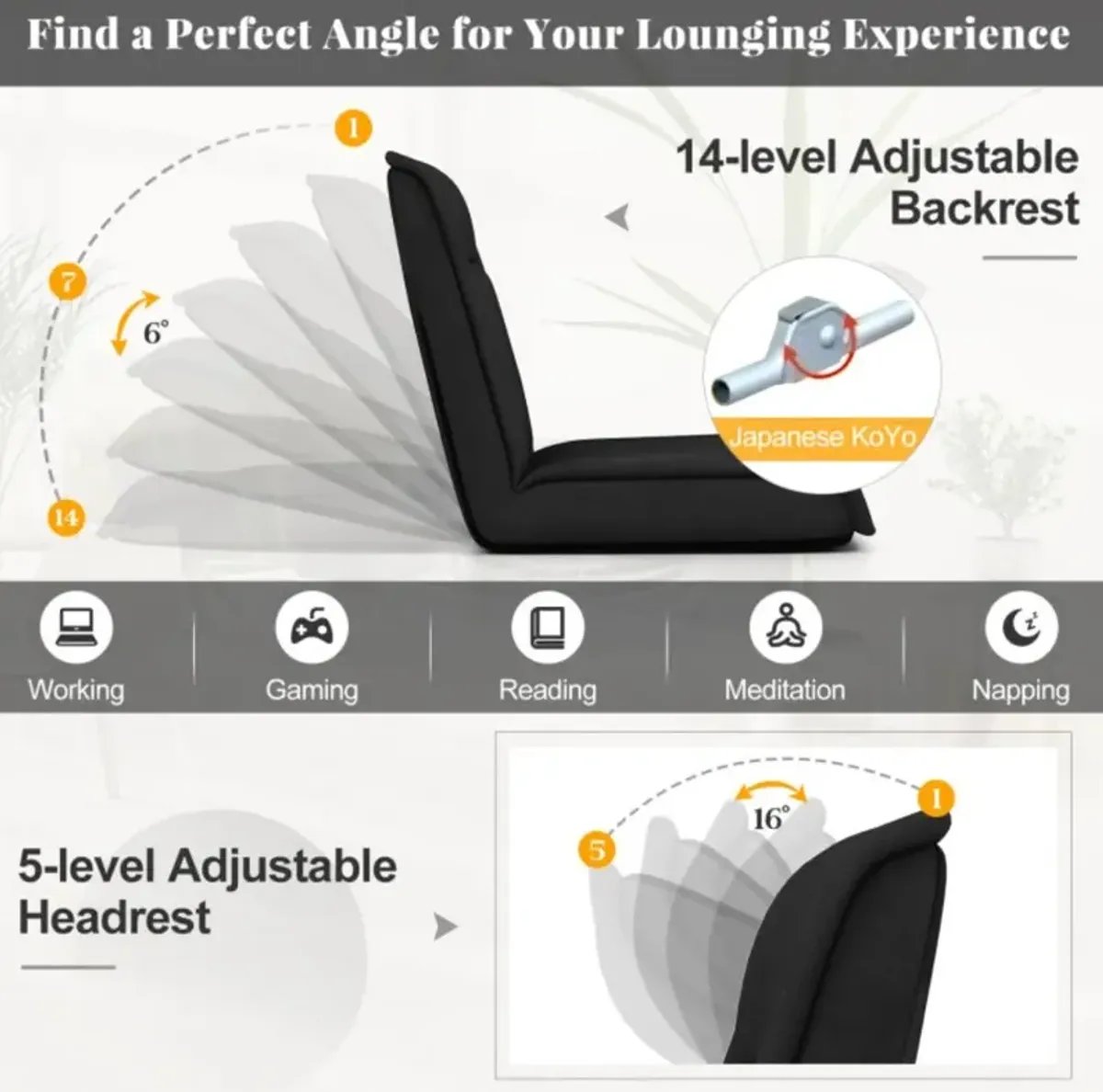 Hivvago Folding Floor Chair Convertible Lazy Chair with 14-Poistion Adjustable Backrest