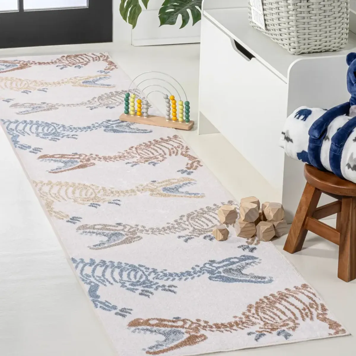 Kingdarr T-Rex Modern Kids Machine-Washable Cream/Multi 2 ft. x 8 ft. Runner Rug