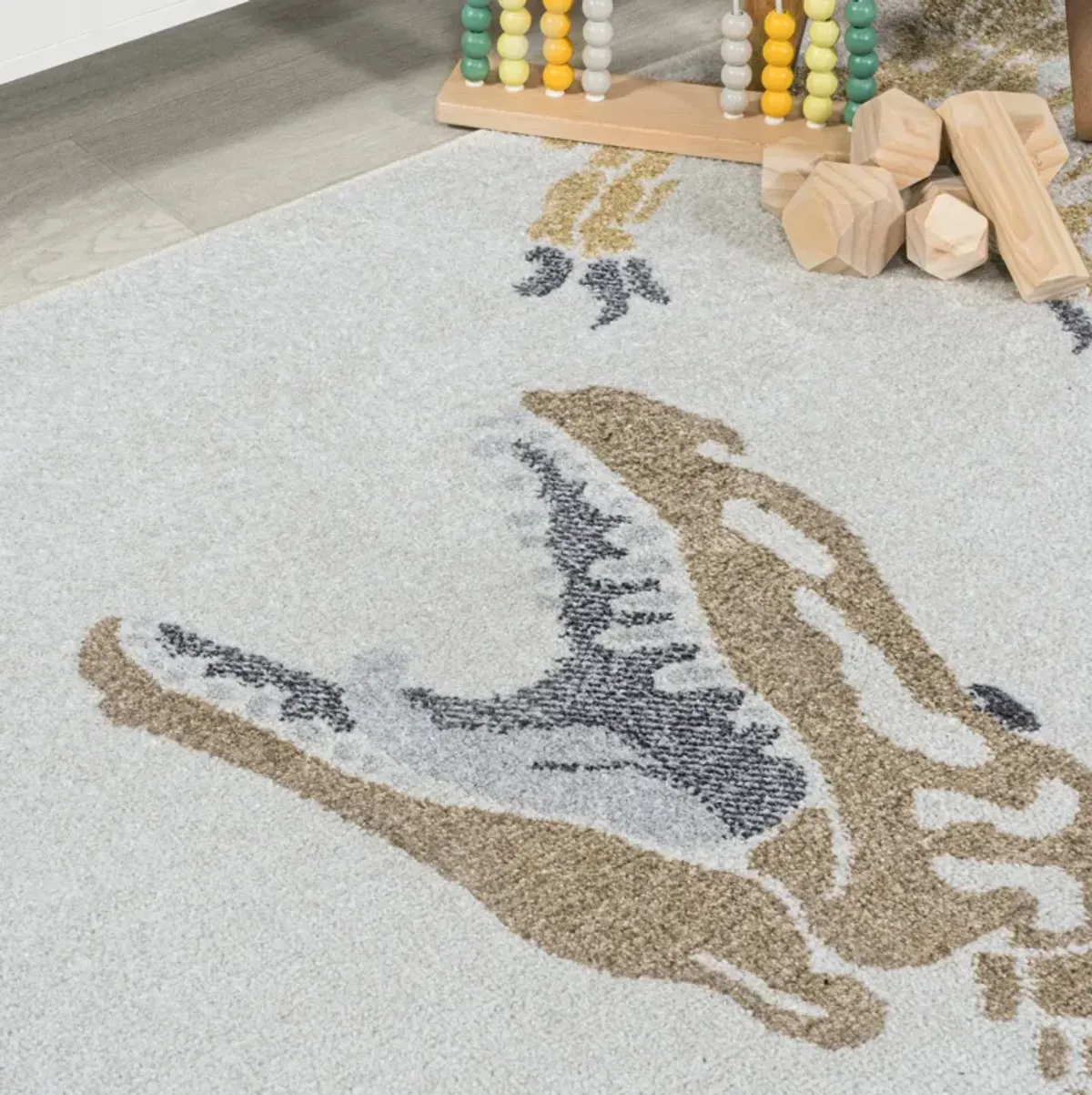 Kingdarr T-Rex Modern Kids Machine-Washable Cream/Multi 2 ft. x 8 ft. Runner Rug