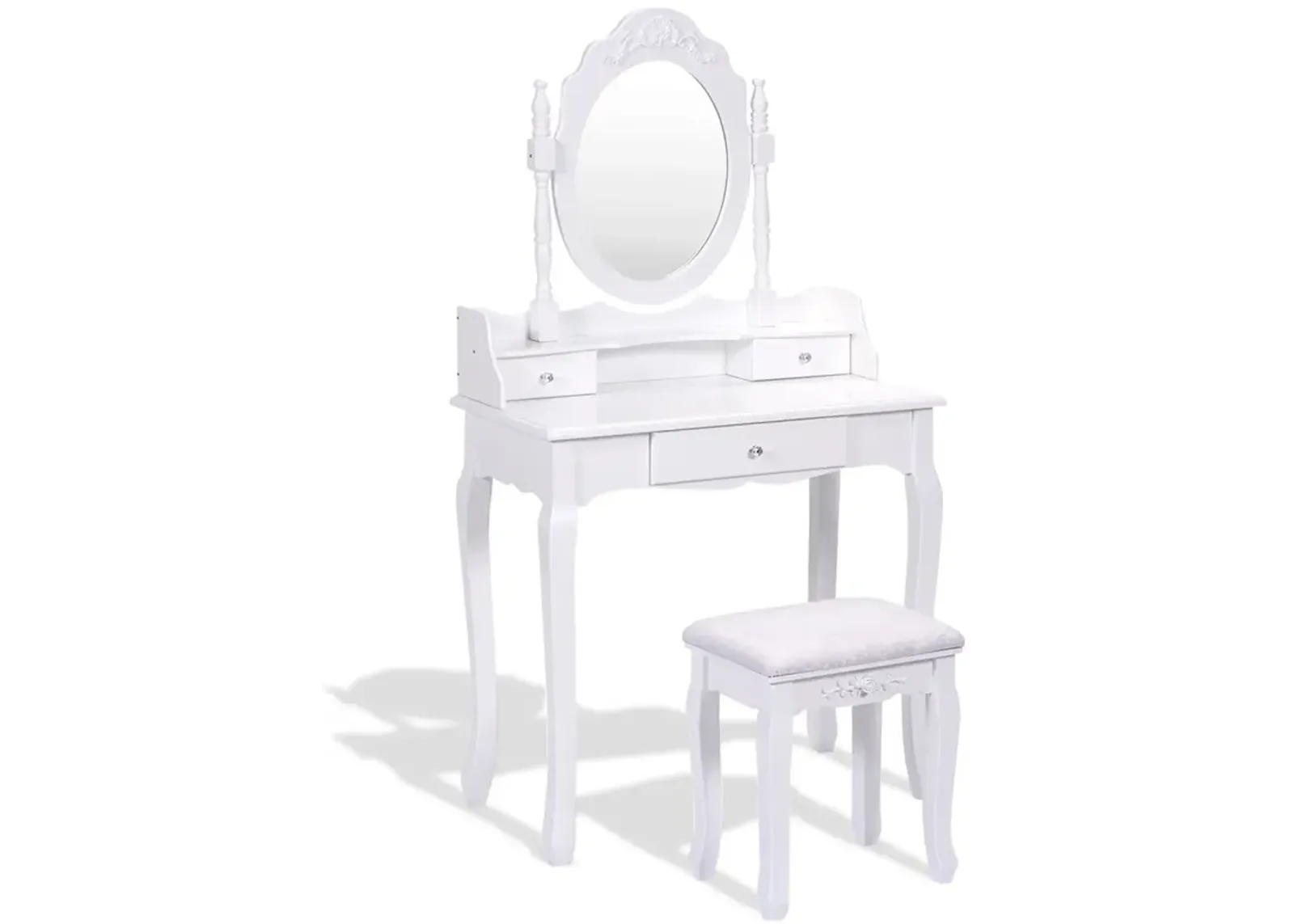 Vanity Table Set with Cushioned Stool with 360� Rotating Oval Mirror and Three Drawers