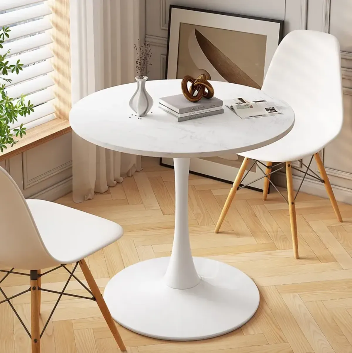 32" Modern Round Dining Table With Printed Marble Tabletop