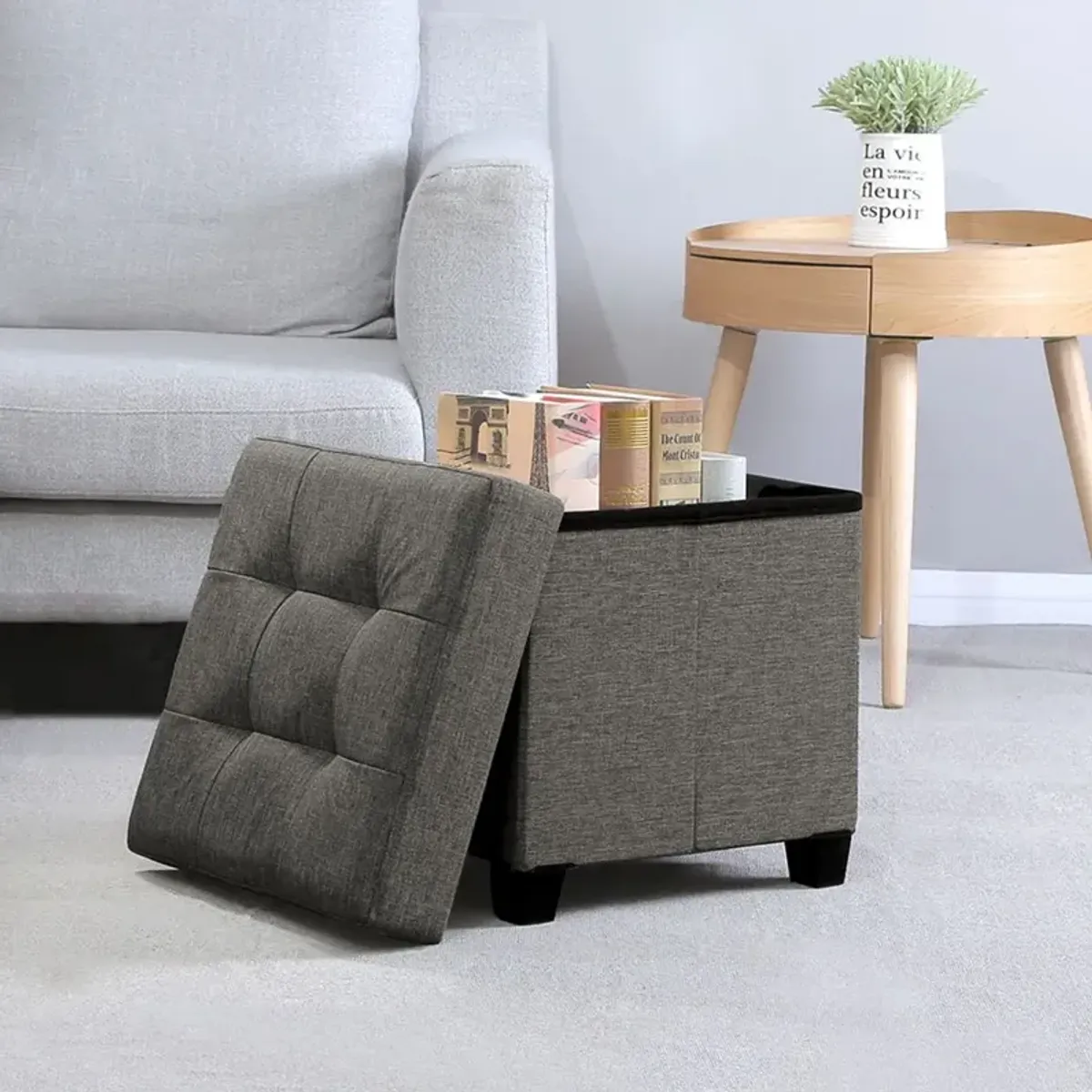 Collapsible Cube Storage Ottoman Foot Stool with Wooden Feet and Lid - Comfortable Seat with Soft Padding