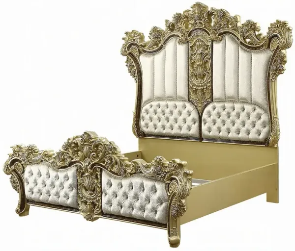 Trump King Size Bed, Beige Upholstery, Vintage Gold Opulent Carving - Benzara