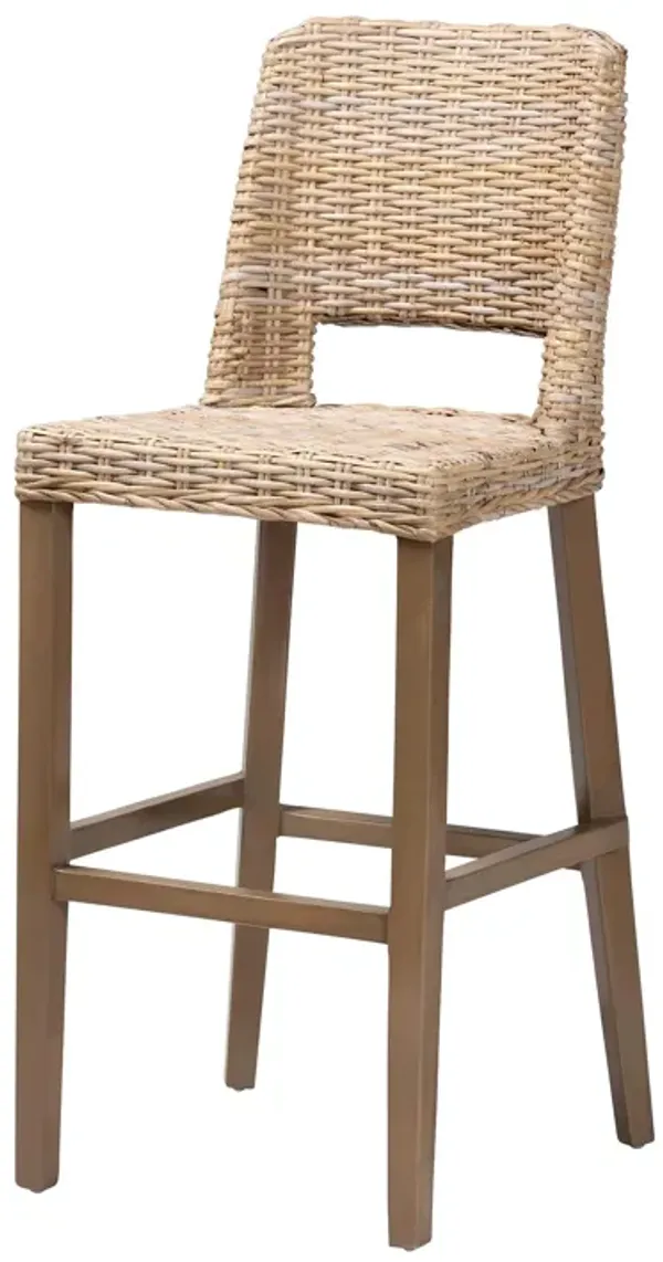 Bali & Pari Magy Modern Bohemian Grey Kubu Rattan And Mahogany Wood Bar Stool