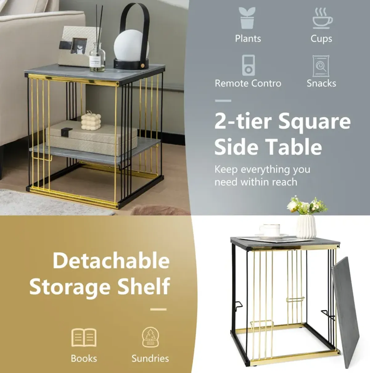 2-Tier Metal Square Side End Table with Removable Shelf-Gray