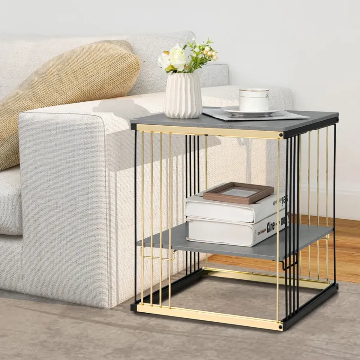 2-Tier Metal Square Side End Table with Removable Shelf-Gray